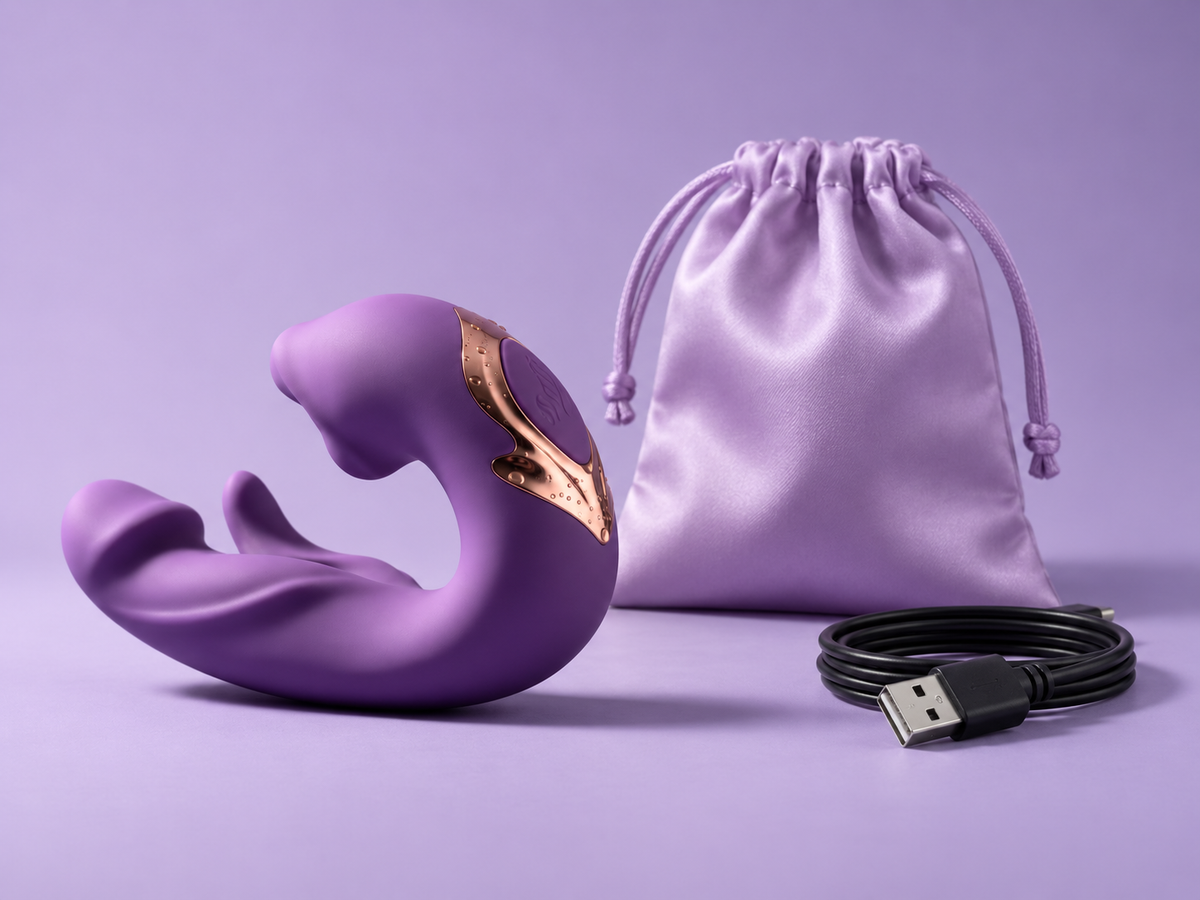 Illustrative ÉLAN complete set with Purple device, satin storage pouch, and USB charging cable
