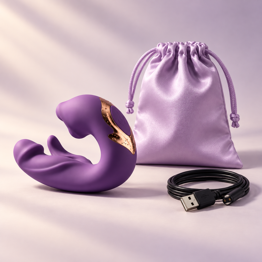 Illustrative ÉLAN set in Royal Purple with a lavender satin travel pouch and black USB charging cable on an ivory and lilac backdrop