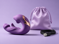 Illustrative ÉLAN complete set with Purple device, satin storage pouch, and USB charging cable